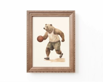 Bear Basketball Nursery Art: Vintage Watercolor Print (Digital Download)