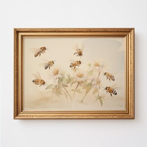 Vintage watercolor illustration art print of bee nursery wall art. Bee painting for bee nursery decor. Bee on flower art print. Bee nursery art inspiration. Nursery ideas. Vintage nursery art.