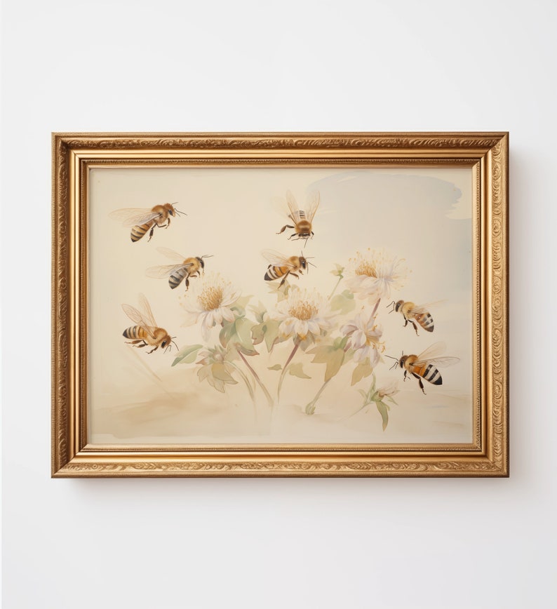 Vintage watercolor illustration art print of bee nursery wall art. Bee painting for bee nursery decor. Bee on flower art print. Bee nursery art inspiration. Nursery ideas. Vintage nursery art.