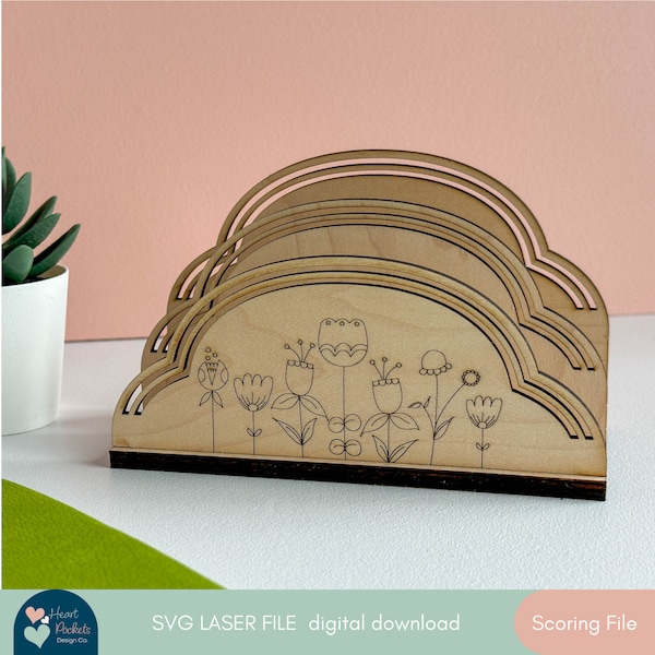 SVG Digital | Floral Desk Mail Organizer | Single Line Scoring Pattern | Laser Cut File