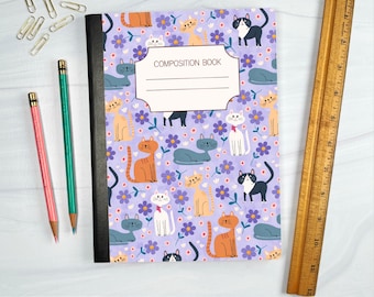 Pegatina para portada de cuaderno de composición con dibujos de gatos: PNG dibujado a mano (Descarga digital imprimible)