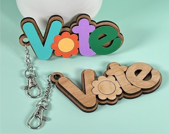 Adorno para bolso digital SVG con la frase "Vote" / Archivo cortado con láser / Accesorio para bolso o cartera o llavero