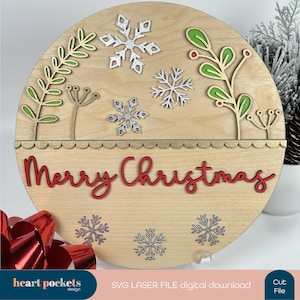 SVG Digital | Merry Christmas Holiday Door Hanger Sign | Laser SVG File | Cut File | Glowforge | xTool