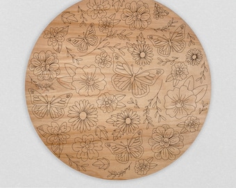 Archivo SVG digital / Soporte para letrero con diseño floral y mariposa / Patrón de puntuación de una sola línea / Archivo cortado con láser