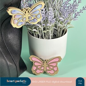 May include: Two wooden butterfly keychains, one with a blue and pink glitter design and the other with a pink polka dot design. The keychains are displayed on a black leather purse and a white pot with lavender plants.