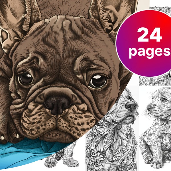 24 coloring pages - puppies and dogs, instant pdf download