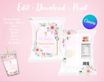 Mi Bautizo Pink & Gold Flower Favor Templates: Chip Bags, Candy Bars (Digital Files)