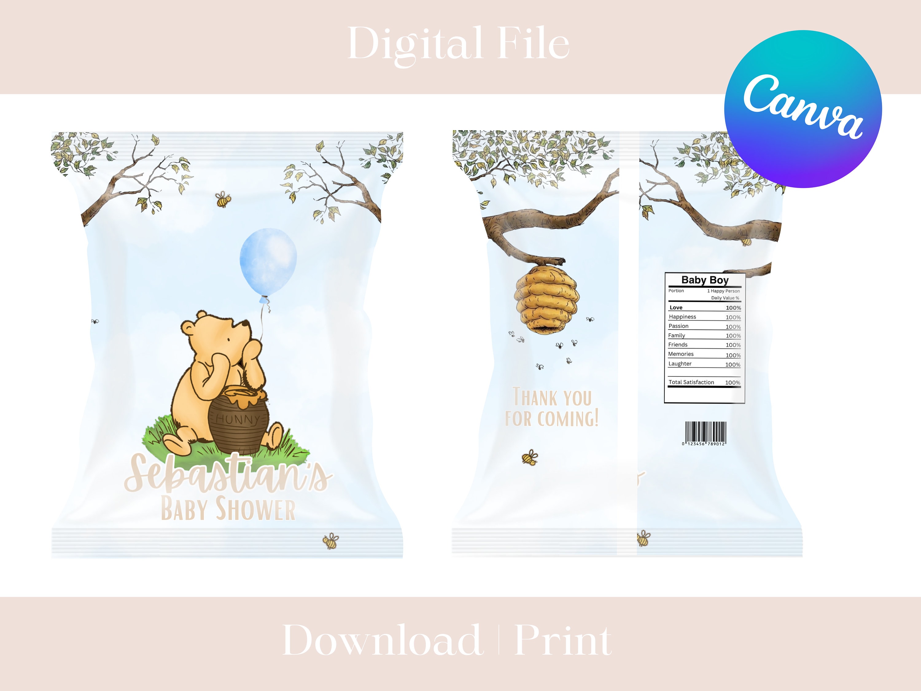 Winnie the Pooh Chip Bag, chips de 1oz, Archivo Digital, Personalizado para fiestas, baby shower, miel, baby boy