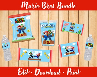 Mario Bros Party Favor Templates: Chip Bags, Candy Wrappers (Digital File)