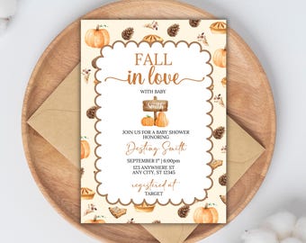 Fall in Love Baby Shower Invitation, Digital Template, Printable, Autumn Invitation