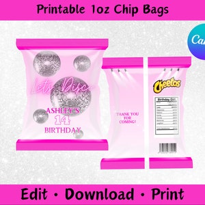 May include: Printable 1 ounce chip bags with a pink and white design. The front of the bag features a silver disco ball with the text "Let's Disco" and "Ashley's 14th Birthday". The back of the bag has the text "Thank You for Coming!" and a nutrition label for Cheetos.