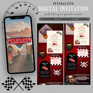 May include: An interactive digital invitation for a baby shower featuring a red race car theme. The design includes text such as A little racer is on the way, Diaper Raffle, Books for Baby, and Kindly RSVP, alongside graphics of race cars.