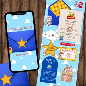 May include: A digital baby shower invitation set featuring a smartphone displaying a blue envelope with a yellow star, alongside a vertical layout with Toy Story character graphics, text details for Anthony Ruiz, a diaper raffle, and registry link.