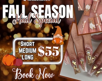 May include: An advertisement for a fall season nail special. The image features a close-up of manicured nails with autumn-themed designs, a gnome holding a pumpkin, and text that reads "Fall Season Nail Special". The sale ends October 30th.