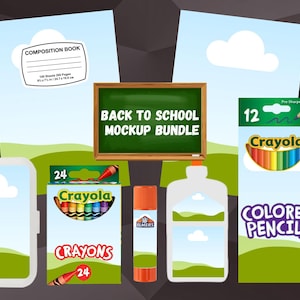 May include: A back-to-school mockup bundle featuring a composition book, Crayola crayons and colored pencils, glue stick, and a pencil. The composition book has a label that reads "Composition Book". The Crayola boxes display the number of crayons and pencils. A chalkboard reads "Back to School Mockup Bundle".
