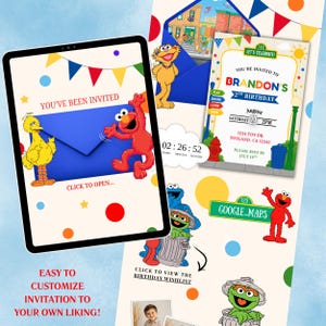 May include: A digital invitation template featuring Sesame Street characters like Elmo, Big Bird, Cookie Monster, and Oscar the Grouch. The design includes colorful bunting, a blue envelope graphic, and text reading YOU'VE BEEN INVITED, BRANDON'S 2ND BIRTHDAY.