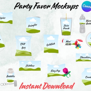 May include: A collection of party favor mockups with labels for various treats, including Rice Krispies, Pringles, juice pouches, water bottles, party hats, chip bags, goldfish crackers, mini M&Ms, paper plates, chocolate bars, soda cans, Skittles, ring pops, bubbles, and candy boxes. The labels feature a green and blue landscape design with clouds.
