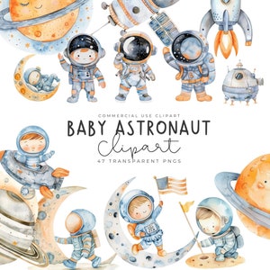 Aquarela Bebê Astronauta Clipart Naves espaciais para decoração de berçário Espaço fofo e planetas PNG para berçário Astronomia Tema Festa de aniversário Chá de bebê