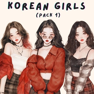 Clipart de chica coreana en acuarela, moda KPop, viaje de chicas, grupo de chicas, atuendo de viaje, clipart de chica bonita para diario basura, agenda, calcomanía