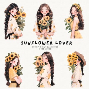 ひまわり好きの女の子のクリップアート かわいい夏の花のクリップアート 水彩画の女の子 PNG スクラップブッキング DIY ジャーナリング デジタルステッカー プランナー用