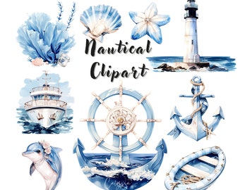 May include: A set of blue and white nautical themed watercolor illustrations. The set includes a lighthouse, a ship, an anchor, a steering wheel, a seashell, a starfish, a dolphin, a rowboat, and coral. The illustrations are on a white background.