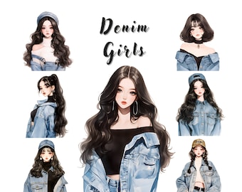 Watercolor Denim Girls Clipart Bundle: Fashion Illustration (Digital Download)