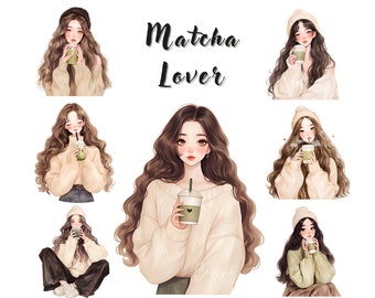 Matcha Lover Clipart Bundle, Pretty Girl Clip art, Cozy Clipart, Digital Stickers, Junk Journal, Invitation, Scrapbooking, Commercial Use