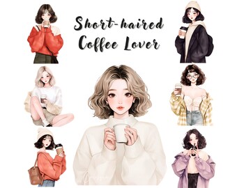 Watercolor Coffee Lover Girl Clipart Bundle, Coffee PNG, Short Hair Girl Clipart, Coffee Girl PNG for Journal, Stationery, Commercial Use