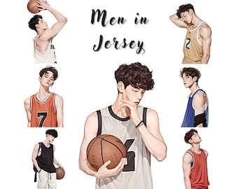 May include: Digital illustration of six men wearing basketball jerseys. The men are in various poses, some holding basketballs. The background is white. The text "Men in Jersey" is at the top of the image. The text "DIGITAL DOWNLOADS 300 DPI / Transparent Background / High Quality 3,000 x 3,000" is at the bottom of the image.