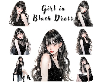 Glamour girl-clipart: zwarte jurk mode-illustratie (digitale download)