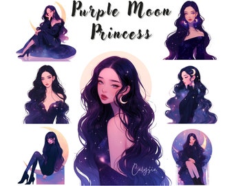 May include: Digital illustration of a woman with long dark hair and a purple moon in her hair. She is wearing a black dress with a galaxy print. The background is a galaxy with stars and planets. The text "Purple Moon Princess" is written in a purple font above the woman. The text "Calysia" is written in a white font below the woman. The text "DIGITAL DOWNLOADS 300 DPI / Transparent Background / High Quality 3,000 x 3,000" is written in a black font below the woman.