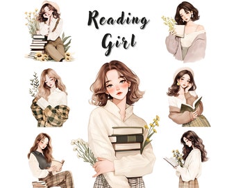 Paquete de imágenes prediseñadas de una chica leyendo en acuarela: Gráficos para amantes de los libros (descarga digital)