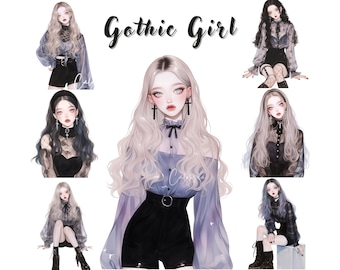 Watercolor Gothic Girl Clipart: Dark Academia PNG Bundle (Digital Download)