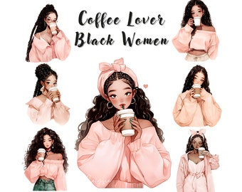 Coffee Lover Black Women Clipart Bundle, Black Girls Clipart, Fashion Clipart for Digital Stickers, Journal, Scrapbooking, Commercial Use