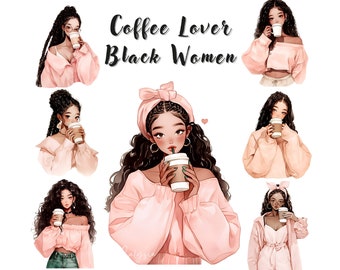 Coffee Lover Black Women Clipart Bundle: Digital Stickers (Commercial Use)