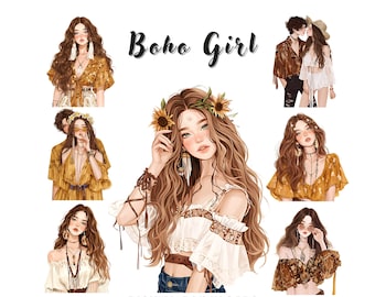 Paquete de imágenes prediseñadas de chica bohemia en acuarela: PNG de moda (descarga digital)