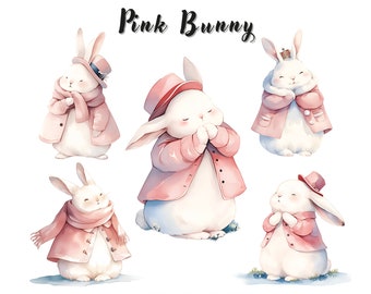 Cute Bunny in Pink Dress Clipart Bundle, Rabbit Clipart, Animal Clipart, Cute Bunny PNG for Junk Journal, Card Making, Commercial Use