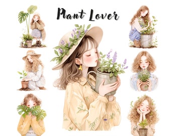 Watercolor Plant Lover Girl Clipart Bundle: Spring Gardening PNG (Commercial Use)