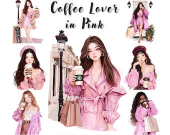 Clipart aquarel koffieliefhebber: meisje in Parijs, Lady Boss (digitale png-download)