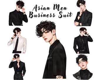Watercolor Asian Men in Business Suit Clipart Bundle, Korean Man in Formal Attire, Fashion Clipart for Journal, Card Making, Commercial Use