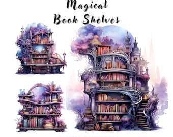 Watercolor Book Shelf Clipart Bundle, Magical Bookshelves Clip Art, Vintage, Fantasy, Witchy Shelf, Witchcraft, Stacks PNG, Commercial Use
