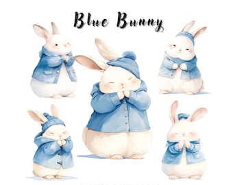 Cute Bunny in Blue Shirt Clipart Bundle, Rabbit Clipart, Animal Clipart, Cute Bunny PNG for Junk Journal, Card Making, Commercial Use