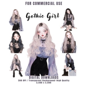 Pacote de clipart de garota gótica em aquarela, PNG grunge gótico, fantasia de garota bonita, Dollcore, clipart de academia escura para diário de lixo, álbum de recortes