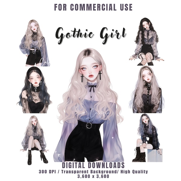 Watercolor Gothic Girl Clipart Bundle, Gothic Grunge PNG, Pretty Girl Fantasy, Dollcore, Dark Academia Clip Art for Junk Journal, Scrapbook