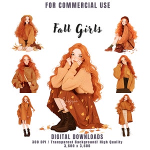 Fall Girl Clipart Bundle, Autumn Girl PNG, Ginger Hair, Fall Fashion Clipart for Junk Journal, Card Making, Scrapbooking, Commercial Use