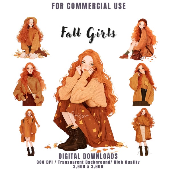 Fall Girl Clipart Bundle, Autumn Girl PNG, Ginger Hair, Fall Fashion Clipart for Junk Journal, Card Making, Scrapbooking, Commercial Use