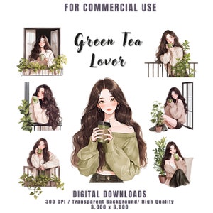 Pacote de clipart de amante de chá verde, clipart de garota bonita, clipart aconchegante, adesivos digitais, diário de lixo, convite, scrapbooking, uso comercial