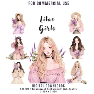 Paquete de imágenes prediseñadas de niñas en acuarela, imágenes prediseñadas de niñas lilas, niñas en primavera PNG, PNG de primavera, niñas de flores para diario, álbumes de recortes, uso comercial
