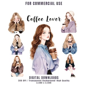 Aquarell Kaffee Liebhaber Mädchen Clipart Bundle, Kaffee Mädchen PNG, niedliche Mode Clipart für Junk Journal, Schreibwaren, Papierhandwerk, kommerzielle Nutzung