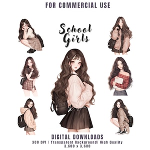 Middelbare schoolmeisjes clipartbundel, mooie meisjes clipart, png kawaii college meisjes in schoolunifor voor dagboek, scrapbooking, commercieel gebruik
